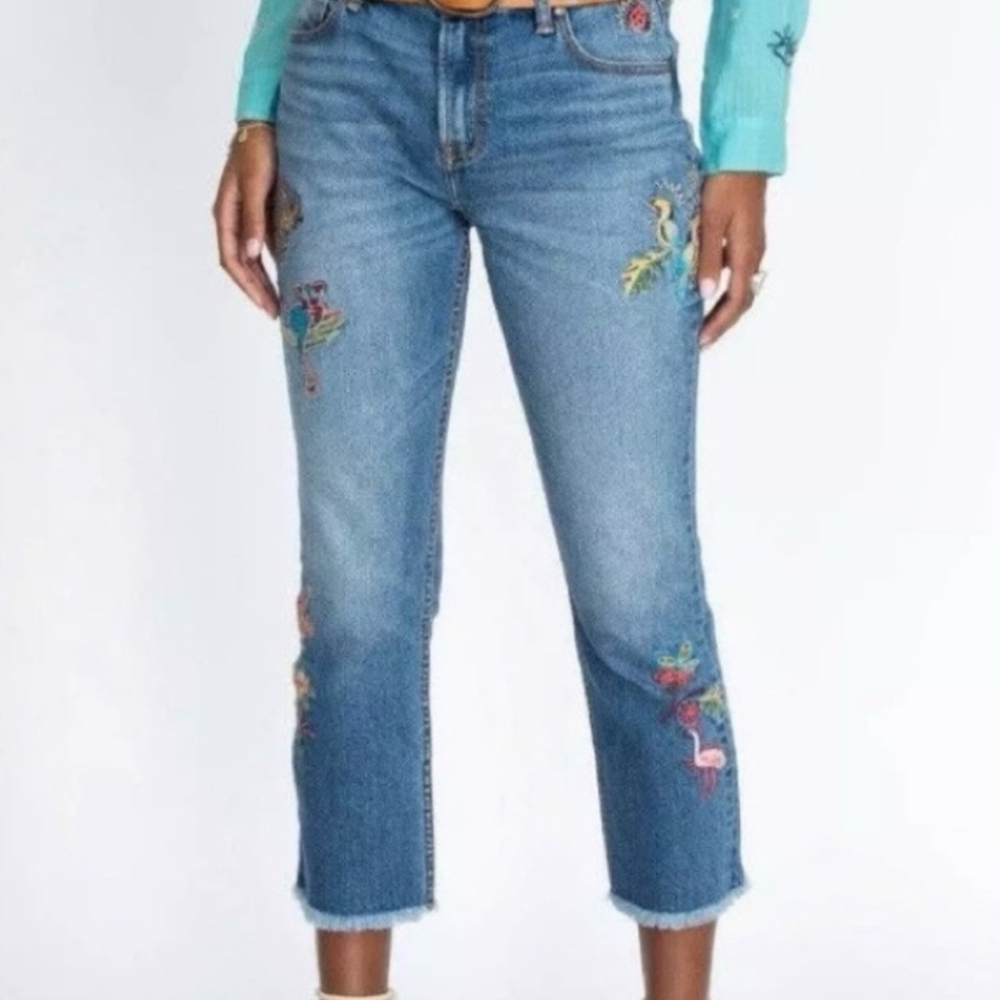 Johnny Was Boho Embroidered Blue Jeans Cropped Boyfriend Mid Rise Raw Hem 30